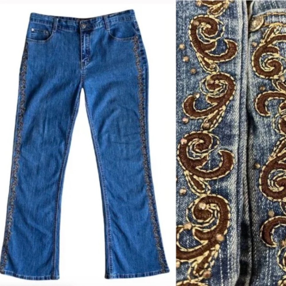 COS Mid-Rise BootCut Flared Embroidered Studded Stretch Jeans Sz 10 Blue Wash